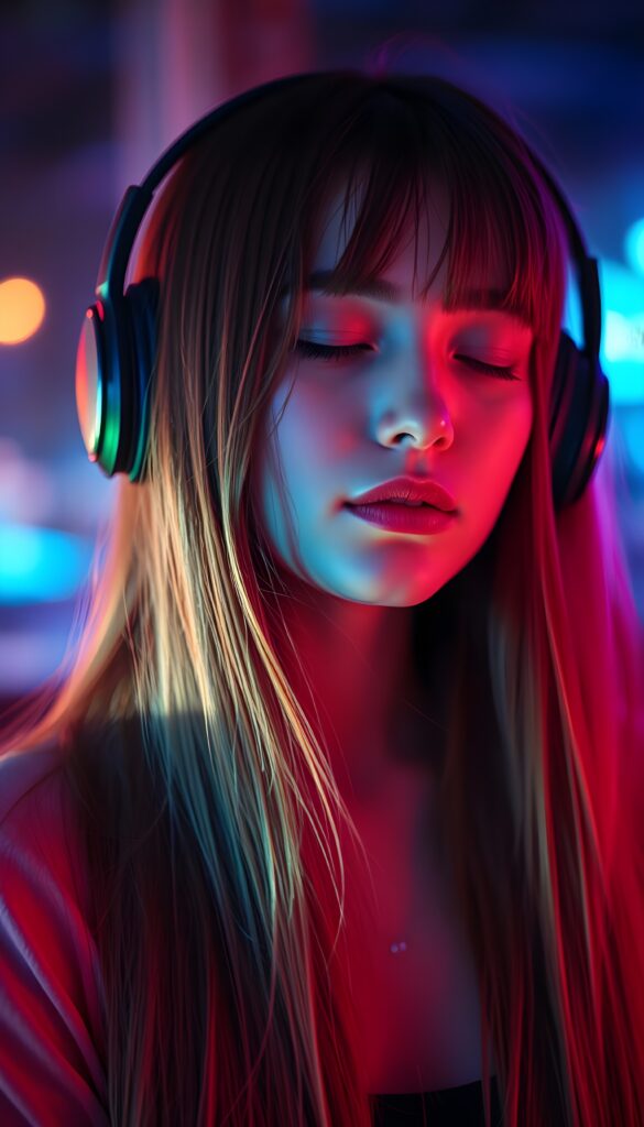 A beautiful picture with a neon colors touch shows a young girl with long straight hair; she’s wearing large headphones, has full lips, and her eyes are closed. She has a round angelic face. She is cute an beautiful. She’s listening to music. Friendly.