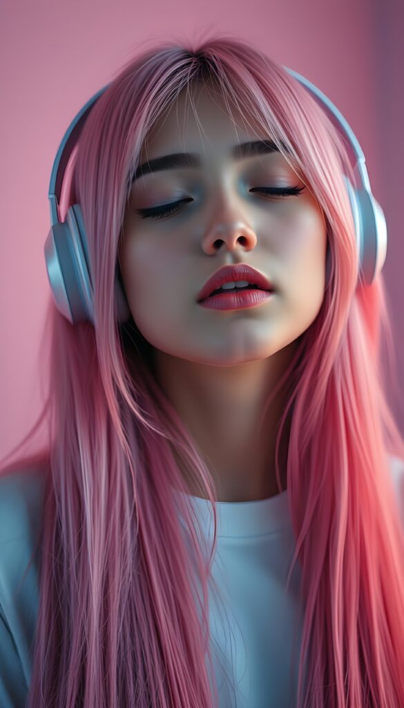 A beautiful picture with a neon colors touch shows a young girl with long straight pink soft hair; she’s wearing large headphones, has full lips, and her eyes are closed. She has a round angelic face. She is cute an beautiful. She’s listening to music. Friendly. She is looking slithery up. Open mouth and white teeth.