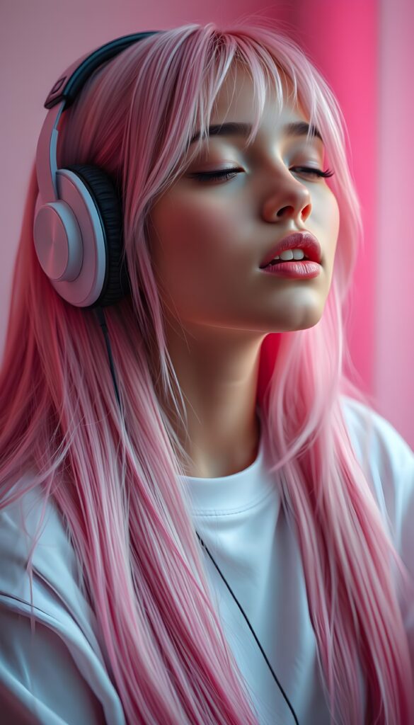A beautiful picture with a neon colors touch shows a young girl with long straight pink soft hair; she’s wearing large headphones, has full lips, and her eyes are closed. She has a round angelic face. She is cute an beautiful. She’s listening to music. Friendly. She is looking slithery up. Open mouth and white teeth.