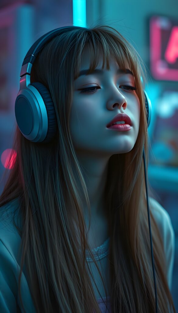 A beautiful picture with a neon colors touch shows a young girl with long straight hair; she’s wearing large headphones, has full lips, and her eyes are closed. She has a round angelic face. She is cute an beautiful. She’s listening to music. Friendly.