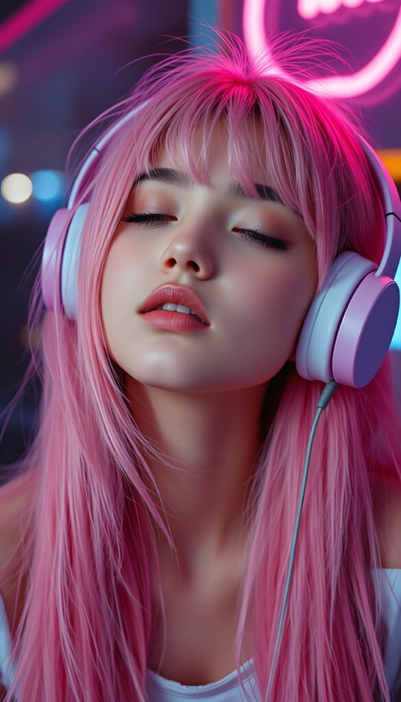 A beautiful picture with a neon colors touch shows a young girl with long straight pink soft hair; she’s wearing large headphones, has full lips, and her eyes are closed. She has a round angelic face. She is cute an beautiful. She’s listening to music. Friendly. She is looking slithery up. Open mouth and white teeth.