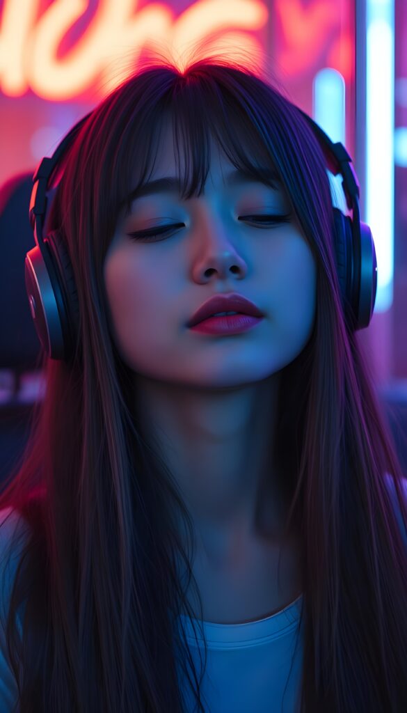 A beautiful picture with a neon colors touch shows a young girl with long straight hair; she’s wearing large headphones, has full lips, and her eyes are closed. She has a round angelic face. She is cute an beautiful. She’s listening to music. Friendly.