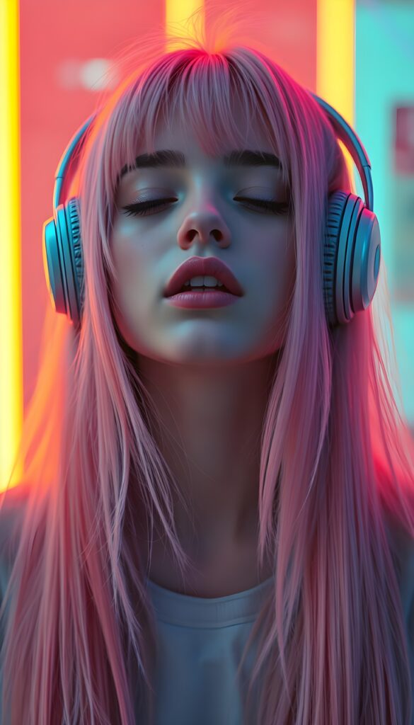 A beautiful picture with a neon colors touch shows a young girl with long straight pink soft hair; she’s wearing large headphones, has full lips, and her eyes are closed. She has a round angelic face. She is cute an beautiful. She’s listening to music. Friendly. She is looking slithery up. Open mouth and white teeth.
