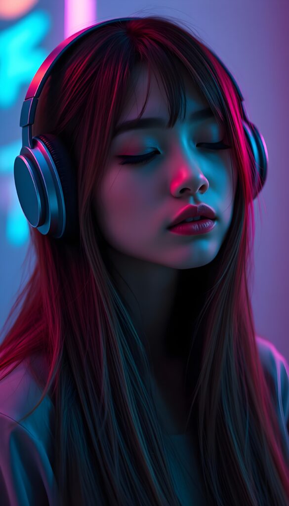 A beautiful picture with a neon colors touch shows a young girl with long straight hair; she’s wearing large headphones, has full lips, and her eyes are closed. She has a round angelic face. She is cute an beautiful. She’s listening to music. Friendly.
