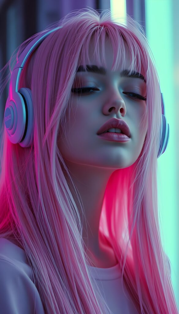 A beautiful picture with a neon colors touch shows a young girl with long straight pink soft hair; she’s wearing large headphones, has full lips, and her eyes are closed. She has a round angelic face. She is cute an beautiful. She’s listening to music. Friendly. She is looking slithery up. Open mouth and white teeth.