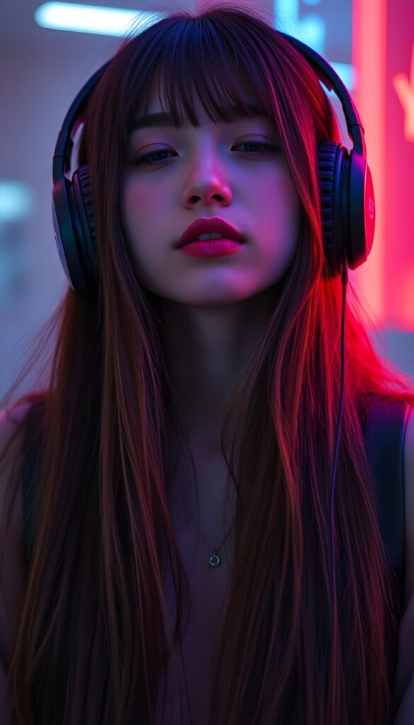 A beautiful picture with a neon colors touch shows a young girl with long straight hair; she’s wearing large headphones, has full lips, and her eyes are closed. She has a round angelic face. She is cute an beautiful. She’s listening to music. Friendly.