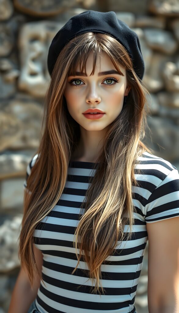 A beautiful, young girl from France; she’s wearing a T-shirt with even black-and-white horizontal stripes. She has a black beret, and her soft, long, straight brown hair and blond highlight falls over her shoulders like a gentle waterfall. She has porcelain-white skin and full, red, kissable lips. Her large, round, dark eyes reflect the light. The image exudes a sense of peace and is bathed in soft light. She stands in front of an ancient stone wall. The sun gently kisses her face. She has an enchanting, curvaceous figure.