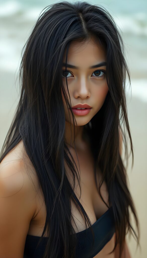 A beautiful, pretty young well busty Polynesian girl; her wet full, silky black long hair falls down like a waterfall and covers her upper body; dark eyes, full lips; the photo is very detailed. She wears a black cropped tube top, deep neck. All against a sandy beach, ocean.