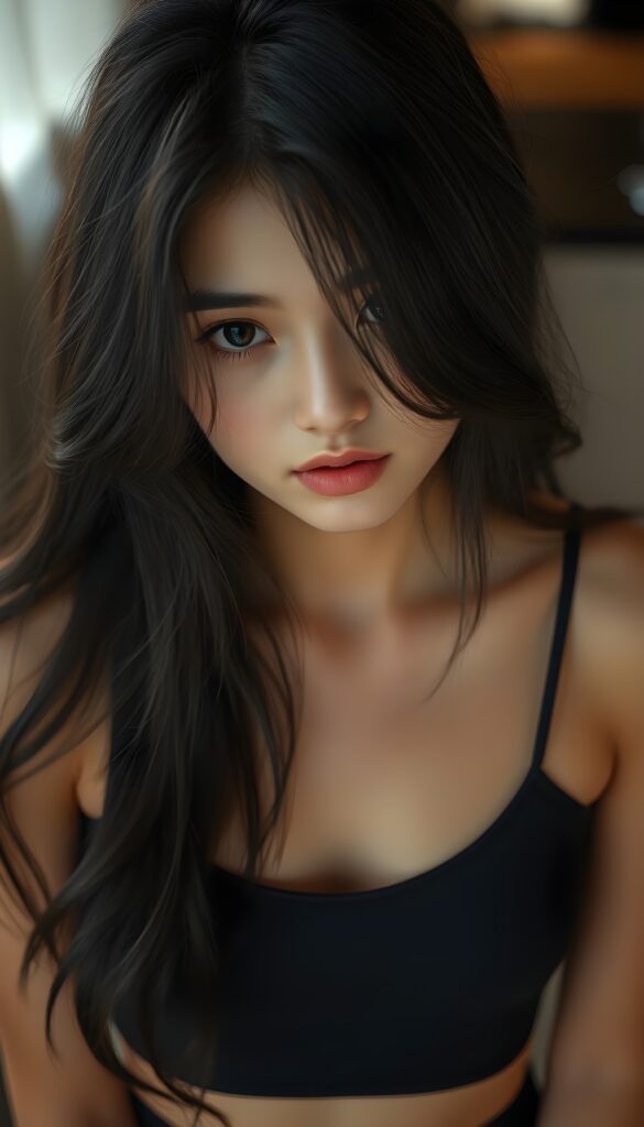 A beautiful, pretty young girl; her full, silky black slightly wavy hair covers her upper body; dark eyes, full lips; the photo is very detailed. View from the front.