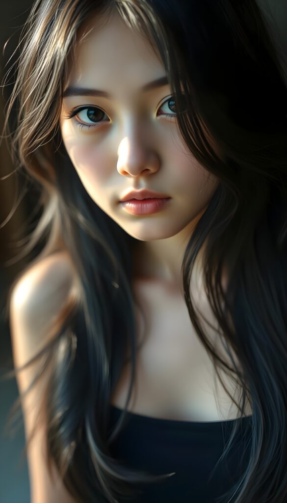 A beautiful, pretty young girl; her full, silky black slightly wavy hair covers her upper body; dark eyes, full lips; the photo is very detailed. View from the front.