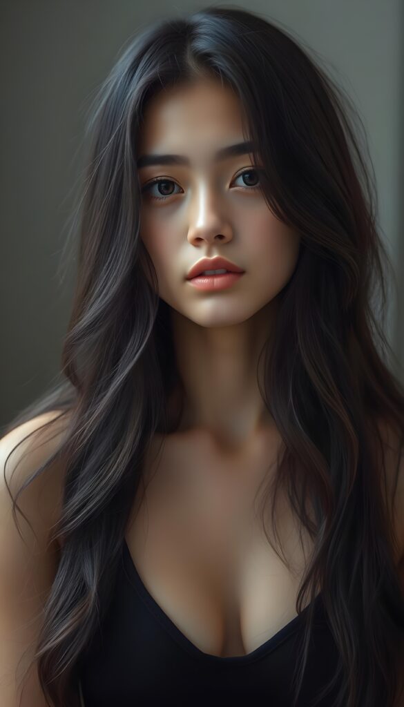 A beautiful, pretty young girl; her full, silky black slightly wavy hair covers her upper body; dark eyes, full lips; the photo is very detailed. View from the front.