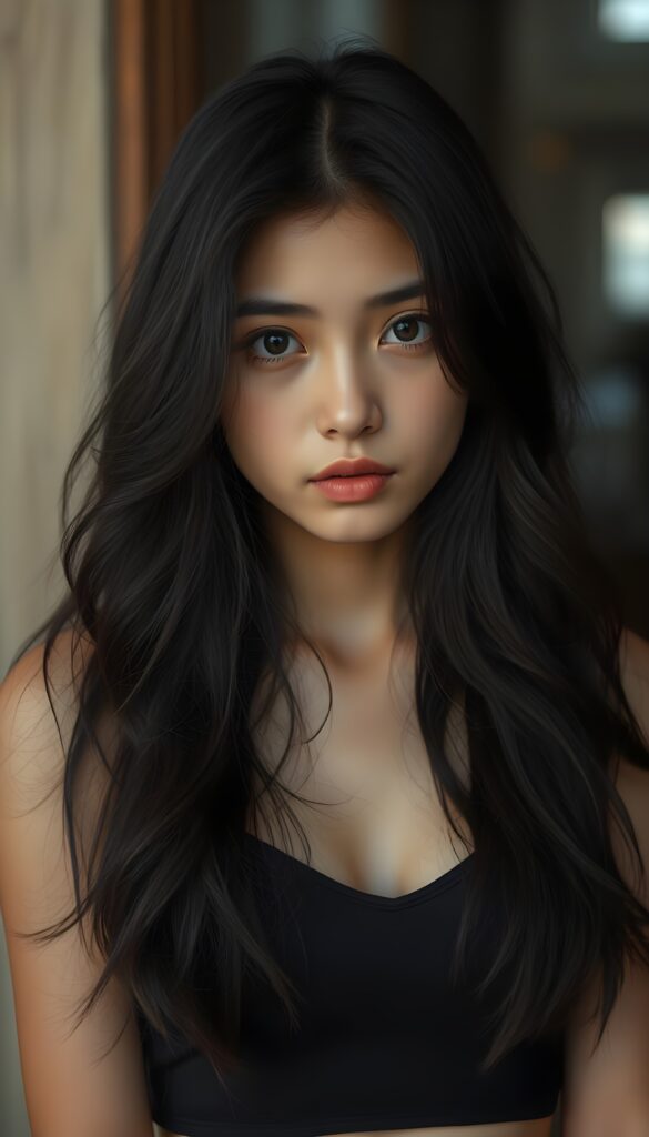 A beautiful, pretty young girl; her full, silky black slightly wavy hair covers her upper body; dark eyes, full lips; the photo is very detailed. View from the front.