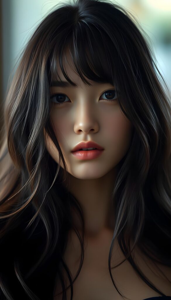 A beautiful, pretty young girl; her full, silky black slightly wavy hair covers her upper body; dark eyes, full lips; the photo is very detailed. View from the front.
