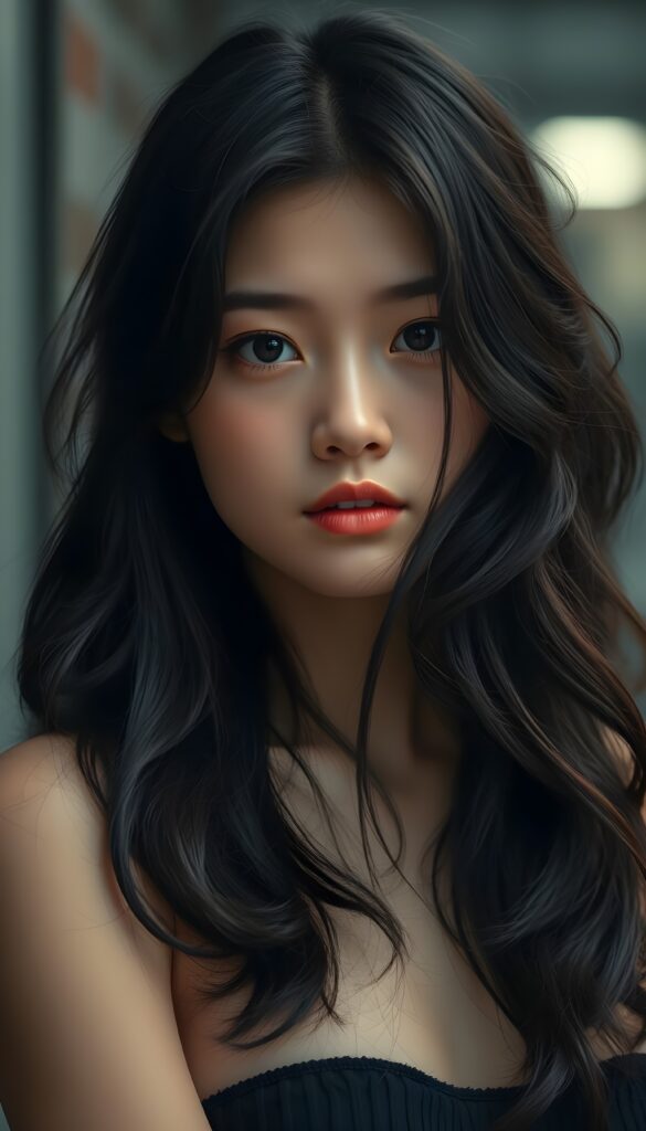 A beautiful, pretty young girl; her full, silky black slightly wavy hair covers her upper body; dark eyes, full lips; the photo is very detailed. View from the front.