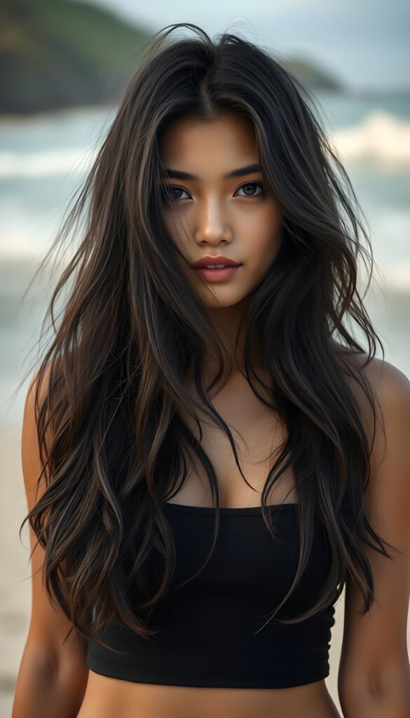 A beautiful, pretty young well busty Polynesian girl; her wet full, silky black long hair falls down like a waterfall and covers her upper body; dark eyes, full lips; the photo is very detailed. She wears a black cropped tube top, deep neck. All against a sandy beach, ocean.