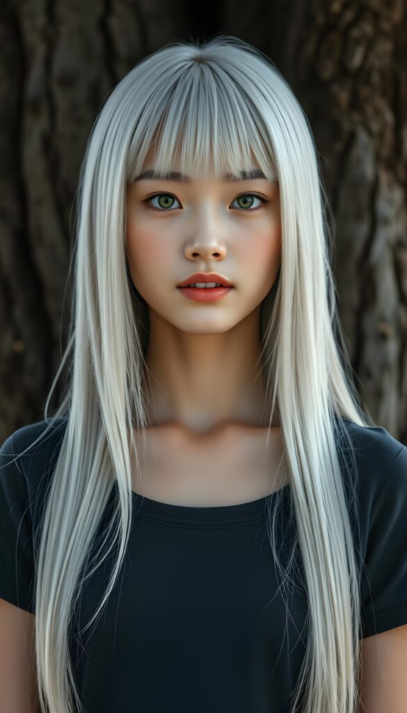 A beautiful, realistic portrait depicts a young girl with long, straight white hair. A fringe frames her round face. She has porcelain-colored skin, green eyes, and full lips. Her mouth is slightly open, revealing her white teeth. She’s wearing a tight T-shirt that accentuates her perfect, feminine figure. The girl has Asian features. Her fine, silky hair falls over her shoulders. She is standing in front of a large tree trunk. Her hair covers her ears and is exactly the same length all around.