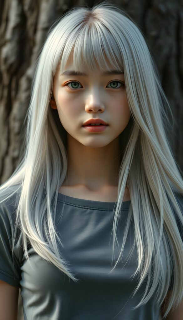 A beautiful, realistic portrait depicts a young girl with long, straight white hair. A fringe frames her round face. She has porcelain-colored skin, green eyes, and full lips. Her mouth is slightly open, revealing her white teeth. She’s wearing a tight T-shirt that accentuates her perfect, feminine figure. The girl has Asian features. Her fine, silky hair falls over her shoulders. She is standing in front of a large tree trunk. Her hair covers her ears and is exactly the same length all around.
