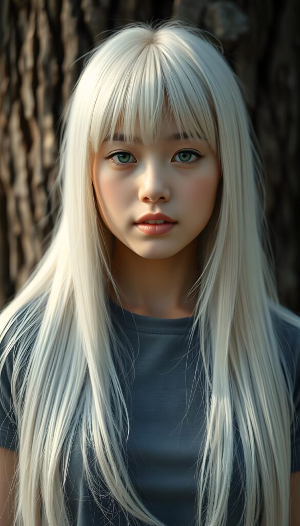 A beautiful, realistic portrait depicts a young girl with long, straight white hair. A fringe frames her round face. She has porcelain-colored skin, green eyes, and full lips. Her mouth is slightly open, revealing her white teeth. She’s wearing a tight T-shirt that accentuates her perfect, feminine figure. The girl has Asian features. Her fine, silky hair falls over her shoulders. She is standing in front of a large tree trunk. Her hair covers her ears and is exactly the same length all around.