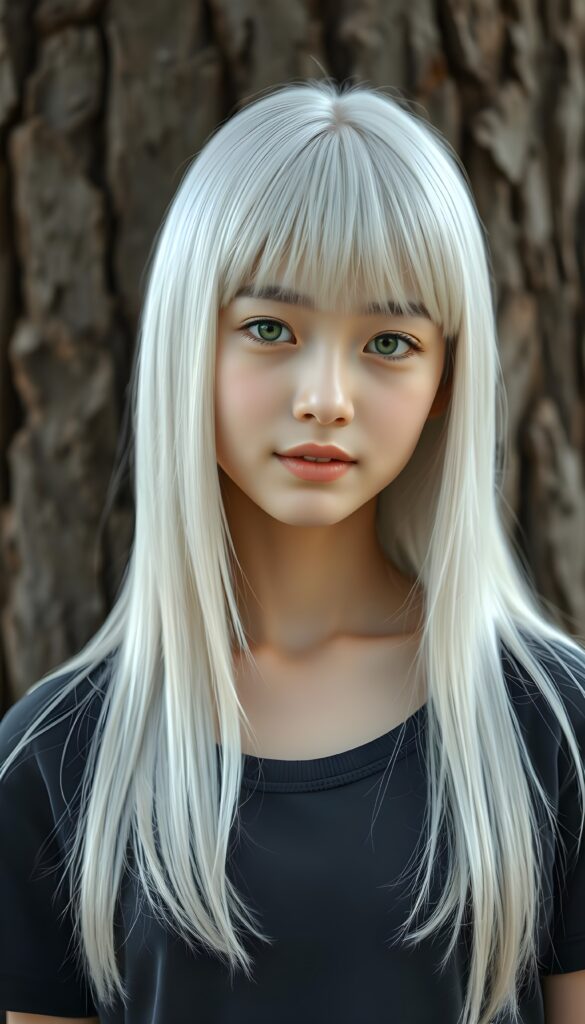A beautiful, realistic portrait depicts a young girl with long, straight white hair. A fringe frames her round face. She has porcelain-colored skin, green eyes, and full lips. Her mouth is slightly open, revealing her white teeth. She’s wearing a tight T-shirt that accentuates her perfect, feminine figure. The girl has Asian features. Her fine, silky hair falls over her shoulders. She is standing in front of a large tree trunk. Her hair covers her ears and is exactly the same length all around.