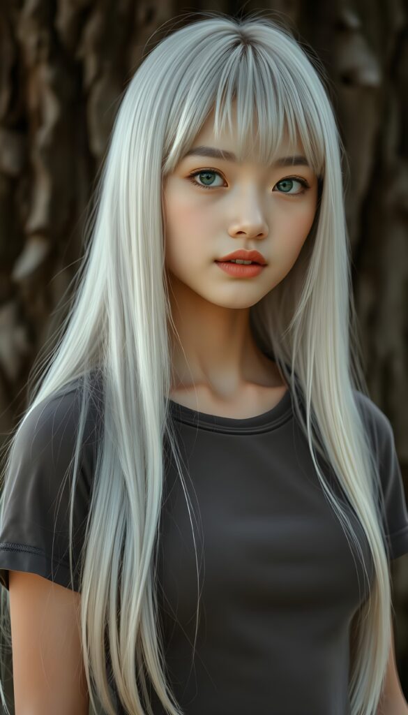 A beautiful, realistic portrait depicts a young girl with long, straight white hair. A fringe frames her round face. She has porcelain-colored skin, green eyes, and full lips. Her mouth is slightly open, revealing her white teeth. She’s wearing a tight T-shirt that accentuates her perfect, feminine figure. The girl has Asian features. Her fine, silky hair falls over her shoulders. She is standing in front of a large tree trunk. Her hair covers her ears and is exactly the same length all around.