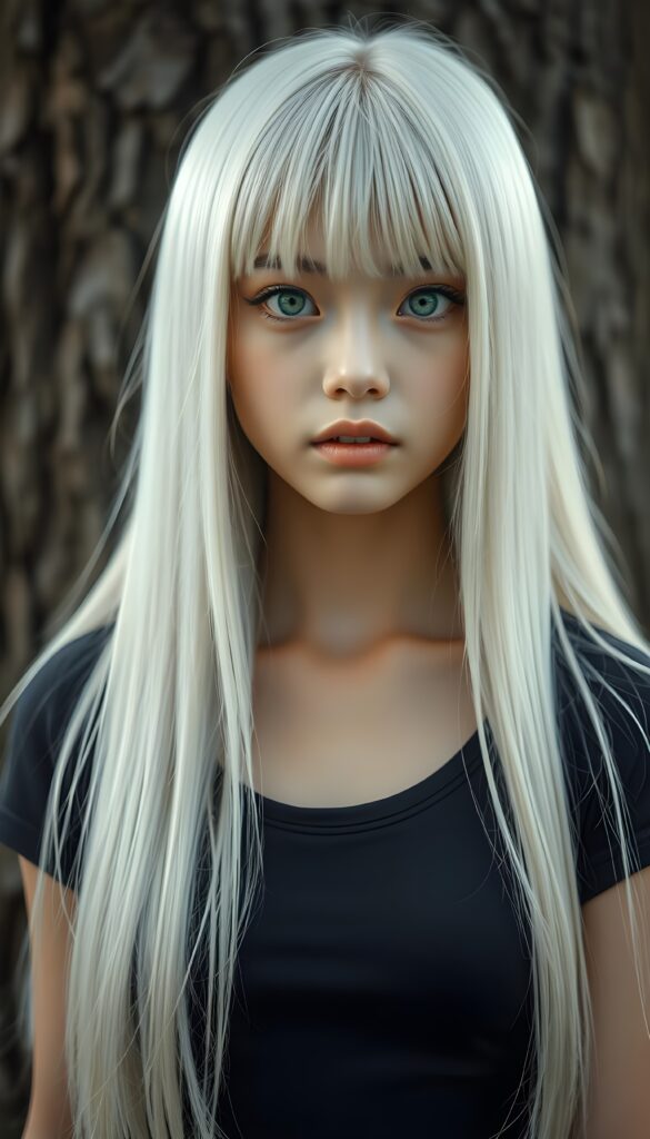 A beautiful, realistic portrait depicts a young girl with long, straight white hair. A fringe frames her round face. She has porcelain-colored skin, green eyes, and full lips. Her mouth is slightly open, revealing her white teeth. She’s wearing a tight T-shirt that accentuates her perfect, feminine figure. The girl has Asian features. Her fine, silky hair falls over her shoulders. She is standing in front of a large tree trunk. Her hair covers her ears and is exactly the same length all around.