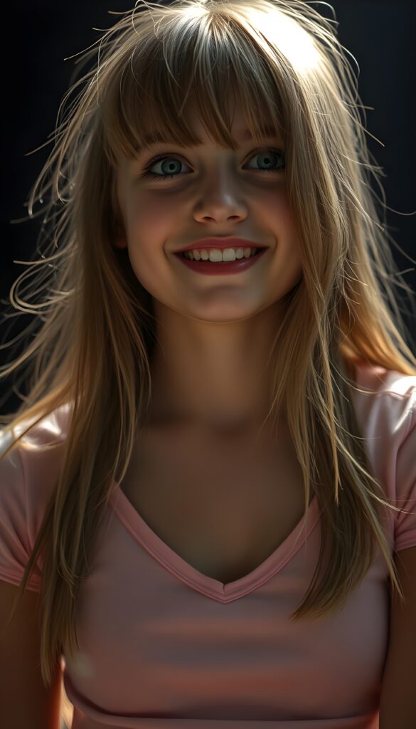 A beautiful sassy well busty teenage girl with straight light brown hair, blond highlights and bangs, her long, soft hair flowing slightly messily in a playful, cute pose, looking up with a warm, charming smile. Her features are clear and detailed with a hyperrealistic texture, enhanced by a high-quality, HDR-optimized aesthetic. The lighting is soft and natural, with a warm color palette, creating a dreamy, inviting atmosphere. The girl is wearing a light pink, cropped thin t-shirt, deep v-neck, and her eyes sparkle with a hint of mischief. The composition is dynamic, capturing her from a low angle, emphasizing her youthful energy and playful spirit. All against a dark backdrop. Round green sparkly eyes. She has a perfect female curved body.