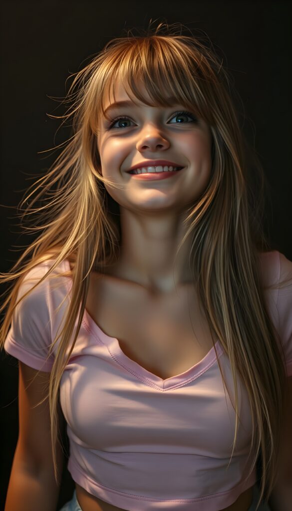 A beautiful sassy well busty teenage girl with straight light brown hair, blond highlights and bangs, her long, soft hair flowing slightly messily in a playful, cute pose, looking up with a warm, charming smile. Her features are clear and detailed with a hyperrealistic texture, enhanced by a high-quality, HDR-optimized aesthetic. The lighting is soft and natural, with a warm color palette, creating a dreamy, inviting atmosphere. The girl is wearing a light pink, cropped thin t-shirt, deep v-neck, and her eyes sparkle with a hint of mischief. The composition is dynamic, capturing her from a low angle, emphasizing her youthful energy and playful spirit. All against a dark backdrop. Round green sparkly eyes. She has a perfect female curved body.