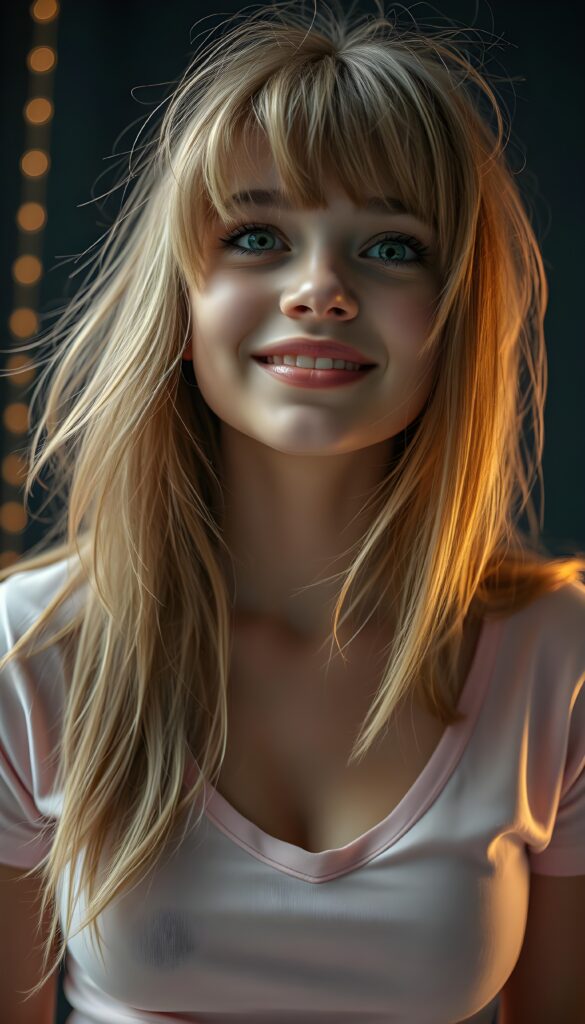 A beautiful sassy well busty teenage girl with straight light brown hair, blond highlights and bangs, her long, soft hair flowing slightly messily in a playful, cute pose, looking up with a warm, charming smile. Her features are clear and detailed with a hyperrealistic texture, enhanced by a high-quality, HDR-optimized aesthetic. The lighting is soft and natural, with a warm color palette, creating a dreamy, inviting atmosphere. The girl is wearing a light pink, cropped thin t-shirt, deep v-neck, and her eyes sparkle with a hint of mischief. The composition is dynamic, capturing her from a low angle, emphasizing her youthful energy and playful spirit. All against a dark backdrop. Round green sparkly eyes. She has a perfect female curved body.
