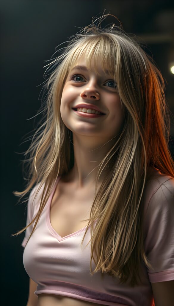 A beautiful sassy well busty teenage girl with straight light brown hair, blond highlights and bangs, her long, soft hair flowing slightly messily in a playful, cute pose, looking up with a warm, charming smile. Her features are clear and detailed with a hyperrealistic texture, enhanced by a high-quality, HDR-optimized aesthetic. The lighting is soft and natural, with a warm color palette, creating a dreamy, inviting atmosphere. The girl is wearing a light pink, cropped thin t-shirt, deep v-neck, and her eyes sparkle with a hint of mischief. The composition is dynamic, capturing her from a low angle, emphasizing her youthful energy and playful spirit. All against a dark backdrop. Round green sparkly eyes. She has a perfect female curved body.