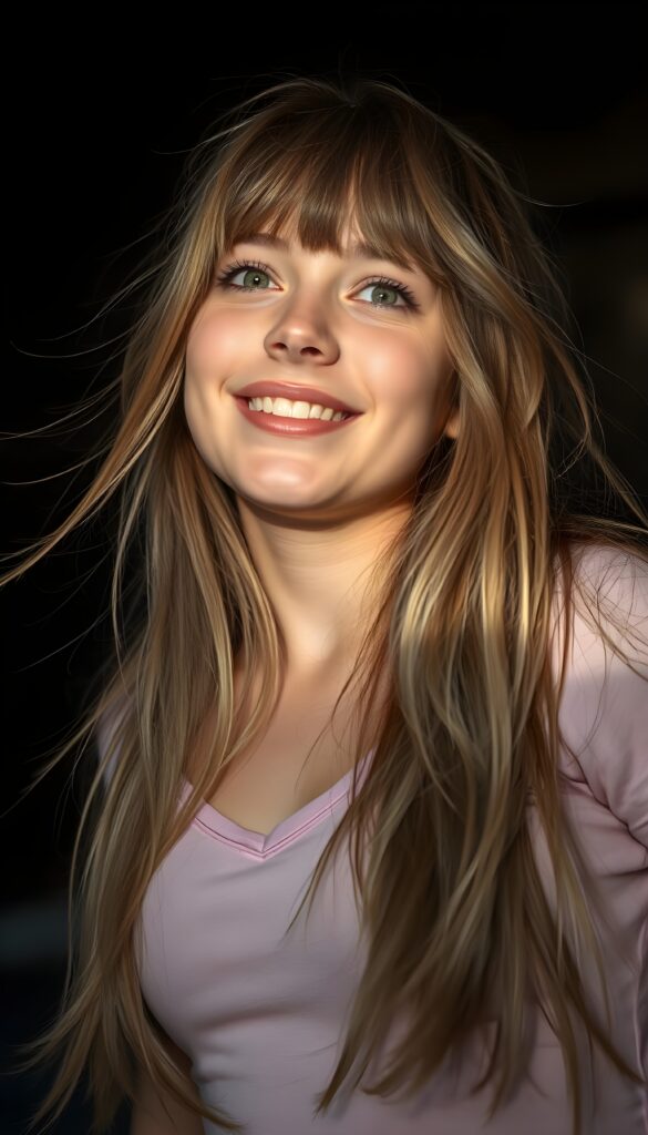 A beautiful sassy well busty teenage girl with straight light brown hair, blond highlights and bangs, her long, soft hair flowing slightly messily in a playful, cute pose, looking up with a warm, charming smile. Her features are clear and detailed with a hyperrealistic texture, enhanced by a high-quality, HDR-optimized aesthetic. The lighting is soft and natural, with a warm color palette, creating a dreamy, inviting atmosphere. The girl is wearing a light pink, cropped thin t-shirt, deep v-neck, and her eyes sparkle with a hint of mischief. The composition is dynamic, capturing her from a low angle, emphasizing her youthful energy and playful spirit. All against a dark backdrop. Round green sparkly eyes. She has a perfect female curved body.
