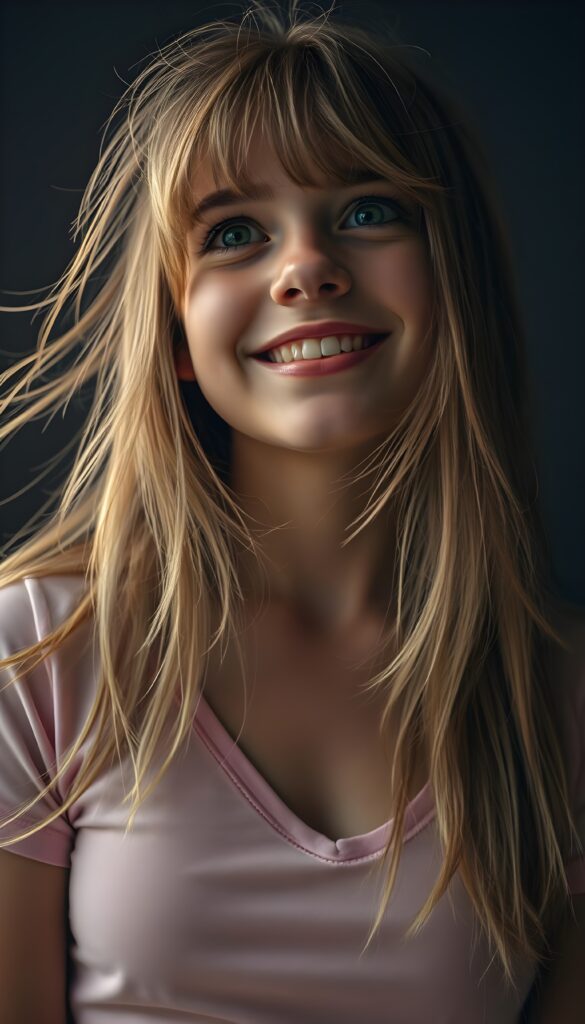 A beautiful sassy well busty teenage girl with straight light brown hair, blond highlights and bangs, her long, soft hair flowing slightly messily in a playful, cute pose, looking up with a warm, charming smile. Her features are clear and detailed with a hyperrealistic texture, enhanced by a high-quality, HDR-optimized aesthetic. The lighting is soft and natural, with a warm color palette, creating a dreamy, inviting atmosphere. The girl is wearing a light pink, cropped thin t-shirt, deep v-neck, and her eyes sparkle with a hint of mischief. The composition is dynamic, capturing her from a low angle, emphasizing her youthful energy and playful spirit. All against a dark backdrop. Round green sparkly eyes. She has a perfect female curved body.