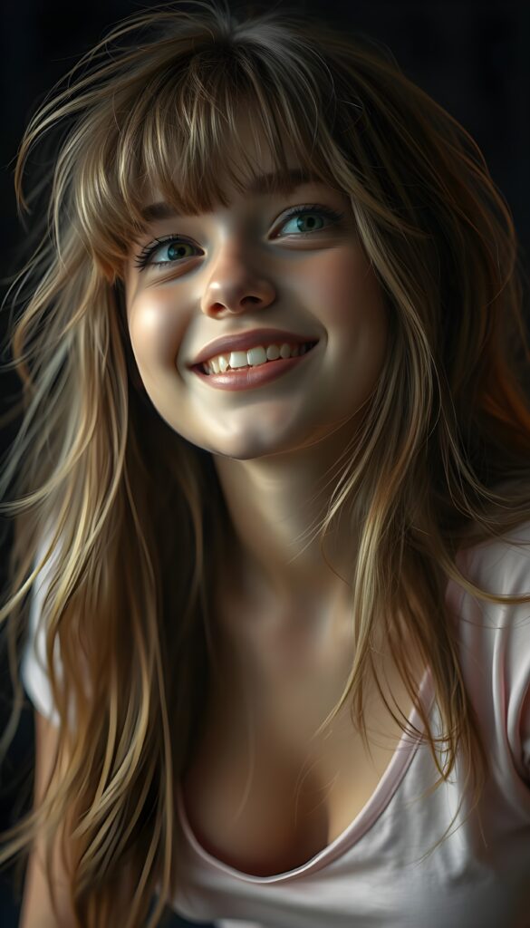 A beautiful sassy well busty teenage girl with straight light brown hair, blond highlights and bangs, her long, soft hair flowing slightly messily in a playful, cute pose, looking up with a warm, charming smile. Her features are clear and detailed with a hyperrealistic texture, enhanced by a high-quality, HDR-optimized aesthetic. The lighting is soft and natural, with a warm color palette, creating a dreamy, inviting atmosphere. The girl is wearing a light pink, cropped thin t-shirt, deep v-neck, and her eyes sparkle with a hint of mischief. The composition is dynamic, capturing her from a low angle, emphasizing her youthful energy and playful spirit. All against a dark backdrop. Round green sparkly eyes. She has a perfect female curved body.