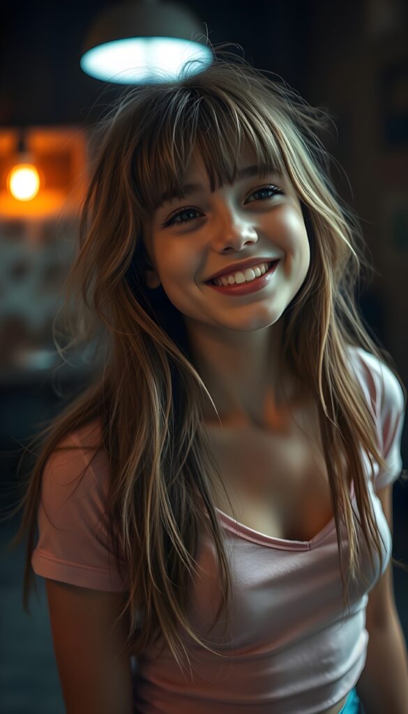 A beautiful sassy well busty teenage girl with straight light brown hair, blond highlights and bangs, her long, soft hair flowing slightly messily in a playful, cute pose, looking up with a warm, charming smile. Her features are clear and detailed with a hyperrealistic texture, enhanced by a high-quality, HDR-optimized aesthetic. The lighting is soft and natural, with a warm color palette, creating a dreamy, inviting atmosphere. The girl is wearing a light pink, cropped thin t-shirt, deep v-neck, and her eyes sparkle with a hint of mischief. The composition is dynamic, capturing her from a low angle, emphasizing her youthful energy and playful spirit. All against a dark backdrop. Round green sparkly eyes. She has a perfect female curved body.