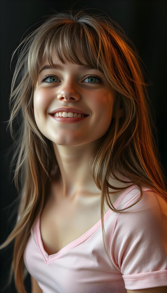 A beautiful sassy well busty teenage girl with straight light brown hair, blond highlights and bangs, her long, soft hair flowing slightly messily in a playful, cute pose, looking up with a warm, charming smile. Her features are clear and detailed with a hyperrealistic texture, enhanced by a high-quality, HDR-optimized aesthetic. The lighting is soft and natural, with a warm color palette, creating a dreamy, inviting atmosphere. The girl is wearing a light pink, cropped thin t-shirt, deep v-neck, and her eyes sparkle with a hint of mischief. The composition is dynamic, capturing her from a low angle, emphasizing her youthful energy and playful spirit. All against a dark backdrop. Round green sparkly eyes. She has a perfect female curved body.