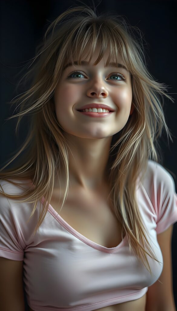 A beautiful sassy well busty teenage girl with straight light brown hair, blond highlights and bangs, her long, soft hair flowing slightly messily in a playful, cute pose, looking up with a warm, charming smile. Her features are clear and detailed with a hyperrealistic texture, enhanced by a high-quality, HDR-optimized aesthetic. The lighting is soft and natural, with a warm color palette, creating a dreamy, inviting atmosphere. The girl is wearing a light pink, cropped thin t-shirt, deep v-neck, and her eyes sparkle with a hint of mischief. The composition is dynamic, capturing her from a low angle, emphasizing her youthful energy and playful spirit. All against a dark backdrop. Round green sparkly eyes. She has a perfect female curved body.