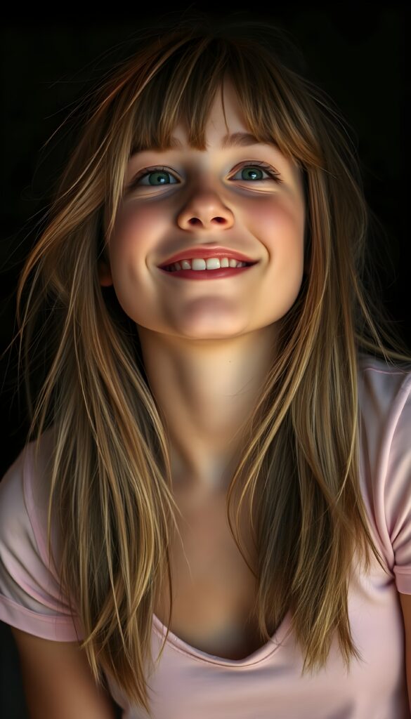 A beautiful sassy well busty teenage girl with straight light brown hair, blond highlights and bangs, her long, soft hair flowing slightly messily in a playful, cute pose, looking up with a warm, charming smile. Her features are clear and detailed with a hyperrealistic texture, enhanced by a high-quality, HDR-optimized aesthetic. The lighting is soft and natural, with a warm color palette, creating a dreamy, inviting atmosphere. The girl is wearing a light pink, cropped thin t-shirt, deep v-neck, and her eyes sparkle with a hint of mischief. The composition is dynamic, capturing her from a low angle, emphasizing her youthful energy and playful spirit. All against a dark backdrop. Round green sparkly eyes. She has a perfect female curved body.