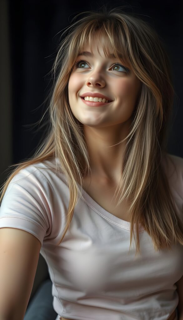A beautiful sassy well busty teenage girl with straight light brown hair, blond highlights and bangs, her long, soft hair flowing slightly messily in a playful, cute pose, looking up with a warm, charming smile. Her features are clear and detailed with a hyperrealistic texture, enhanced by a high-quality, HDR-optimized aesthetic. The lighting is soft and natural, with a warm color palette, creating a dreamy, inviting atmosphere. The girl is wearing a light pink, cropped thin t-shirt, deep v-neck, and her eyes sparkle with a hint of mischief. The composition is dynamic, capturing her from a low angle, emphasizing her youthful energy and playful spirit. All against a dark backdrop. Round green sparkly eyes. She has a perfect female curved body.