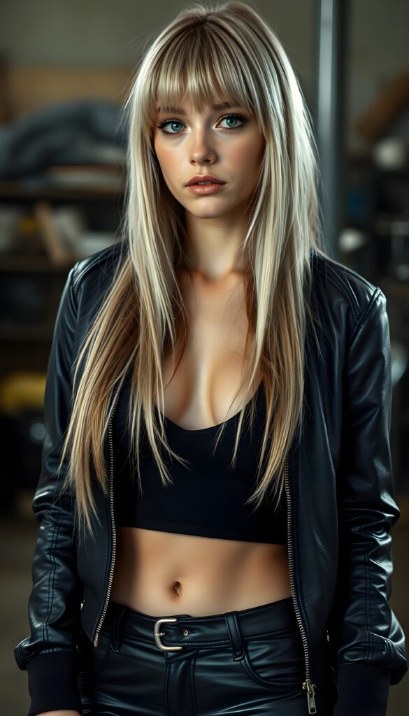 A beautiful, soft upper body image of a well busty young biker girl. She’s wearing an open black leather bomber jacket with a tight cropped tank top, deep v-neck underneath. Full open, long, soft, super straight jet platinum blond hair with brown highlights falls down like a silky waterfall. Perfect bangs cut frame her face. Her green eyes have a seductive look. She’s standing in a workshop. Black leather pants. Perfect female body. In a side profile.