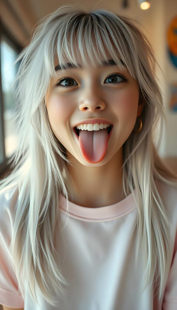 A beautiful teenage girl with sleek, straight white hair and bangs, her long, soft hair flowing slightly messily. She sticks out her little tongue in a playful, cute pose, looking up with a warm, inviting smile against a backdrop of a wide open mouth showcasing white teeth. Her features are clear and detailed with a hyperrealistic texture, enhanced by a high-quality, HDR-optimized aesthetic. The lighting is soft and natural, with a warm color palette, creating a dreamy, inviting atmosphere. The girl is wearing a light pink, flowing t-shirt and her eyes sparkle with a hint of mischief. The composition is dynamic, capturing her from a low angle, emphasizing her youthful energy and playful spirit.
