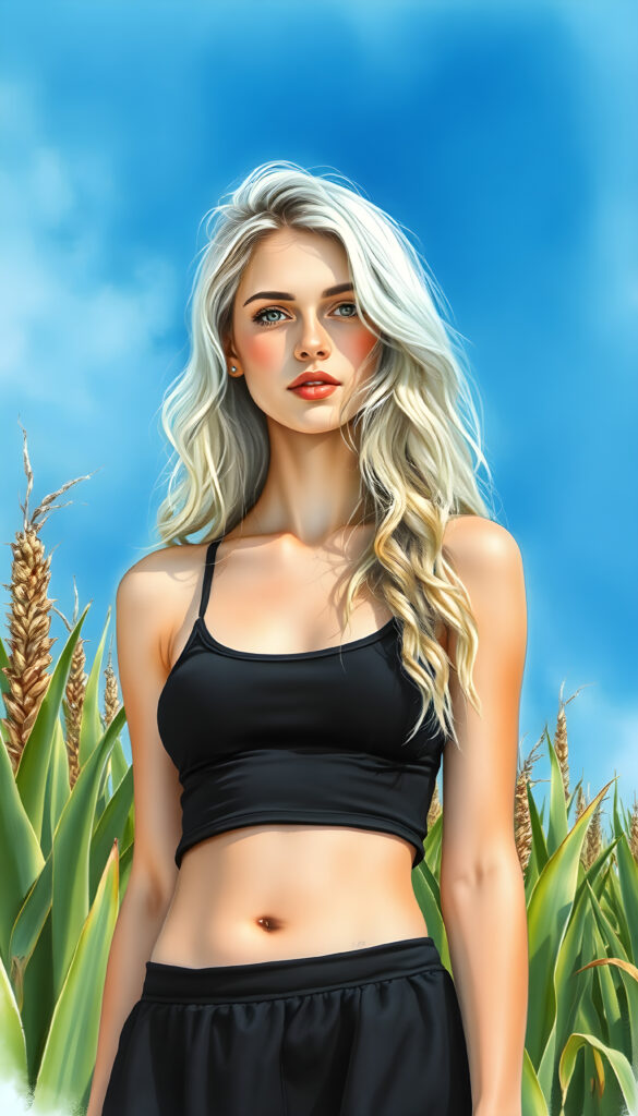 A beautiful teen girl stands in a cornfield. Blue sky in the background. She has long, platinum blond, wavy hair and is wearing a short tank top and a black, round skirt.