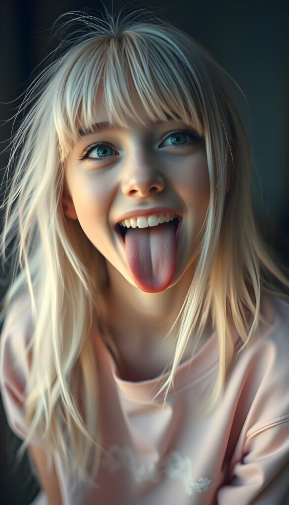 A beautiful teenage girl with sleek, straight white hair and bangs, her long, soft hair flowing slightly messily. She sticks out her little tongue in a playful, cute pose, looking up with a warm, inviting smile against a backdrop of a wide open mouth showcasing white teeth. Her features are clear and detailed with a hyperrealistic texture, enhanced by a high-quality, HDR-optimized aesthetic. The lighting is soft and natural, with a warm color palette, creating a dreamy, inviting atmosphere. The girl is wearing a light pink, flowing plain shirt with delicate lace details, and her eyes sparkle with a hint of mischief. The composition is dynamic, capturing her from a low angle, emphasizing her youthful energy and playful spirit.