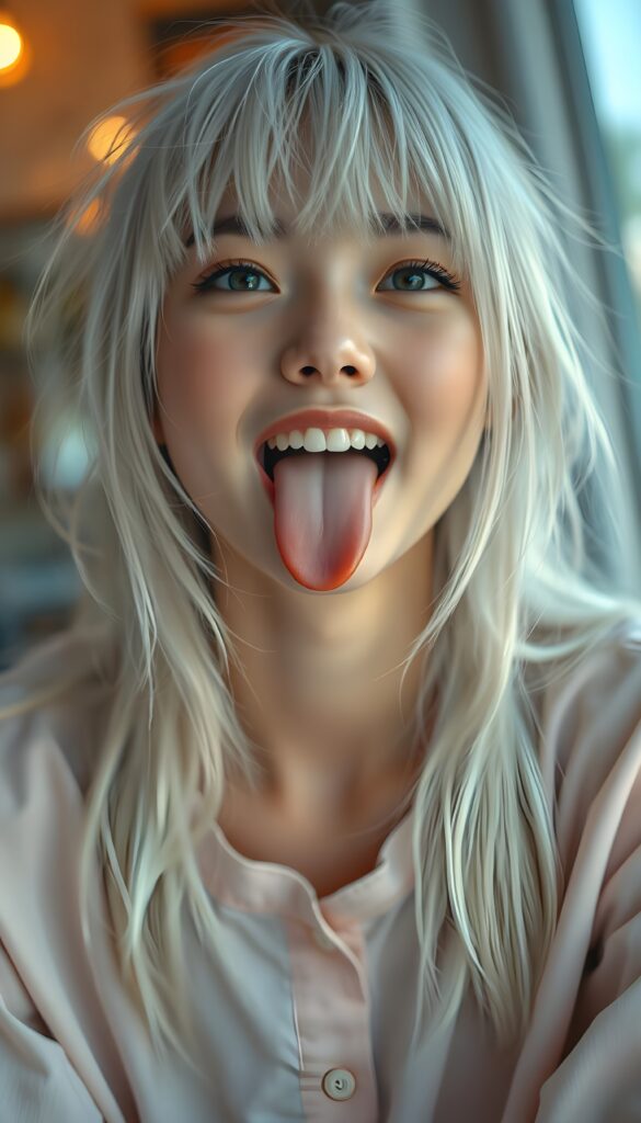 A beautiful teenage girl with sleek, straight white hair and bangs, her long, soft hair flowing slightly messily. She sticks out her little tongue in a playful, cute pose, looking up with a warm, inviting smile against a backdrop of a wide open mouth showcasing white teeth. Her features are clear and detailed with a hyperrealistic texture, enhanced by a high-quality, HDR-optimized aesthetic. The lighting is soft and natural, with a warm color palette, creating a dreamy, inviting atmosphere. The girl is wearing a light pink, flowing plain shirt with delicate lace details, and her eyes sparkle with a hint of mischief. The composition is dynamic, capturing her from a low angle, emphasizing her youthful energy and playful spirit.