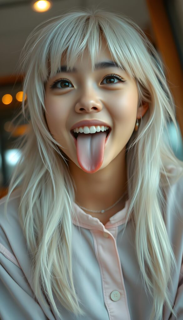 A beautiful teenage girl with sleek, straight white hair and bangs, her long, soft hair flowing slightly messily. She sticks out her little tongue in a playful, cute pose, looking up with a warm, inviting smile against a backdrop of a wide open mouth showcasing white teeth. Her features are clear and detailed with a hyperrealistic texture, enhanced by a high-quality, HDR-optimized aesthetic. The lighting is soft and natural, with a warm color palette, creating a dreamy, inviting atmosphere. The girl is wearing a light pink, flowing plain shirt with delicate lace details, and her eyes sparkle with a hint of mischief. The composition is dynamic, capturing her from a low angle, emphasizing her youthful energy and playful spirit.
