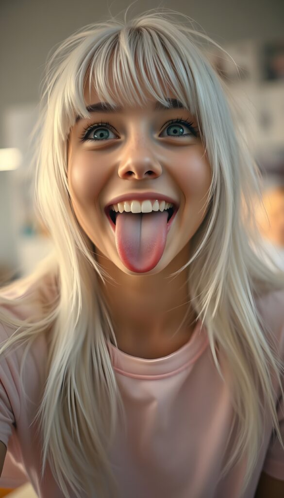 A beautiful teenage girl with sleek, straight white hair and bangs, her long, soft hair flowing slightly messily. She sticks out her little tongue in a playful, cute pose, looking up with a warm, inviting smile against a backdrop of a wide open mouth showcasing white teeth. Her features are clear and detailed with a hyperrealistic texture, enhanced by a high-quality, HDR-optimized aesthetic. The lighting is soft and natural, with a warm color palette, creating a dreamy, inviting atmosphere. The girl is wearing a light pink, flowing t-shirt and her eyes sparkle with a hint of mischief. The composition is dynamic, capturing her from a low angle, emphasizing her youthful energy and playful spirit.