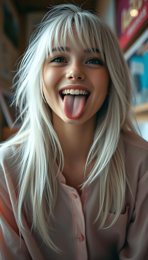 A beautiful teenage girl with sleek, straight white hair and bangs, her long, soft hair flowing slightly messily. She sticks out her little tongue in a playful, cute pose, looking up with a warm, inviting smile against a backdrop of a wide open mouth showcasing white teeth. Her features are clear and detailed with a hyperrealistic texture, enhanced by a high-quality, HDR-optimized aesthetic. The lighting is soft and natural, with a warm color palette, creating a dreamy, inviting atmosphere. The girl is wearing a light pink, flowing plain shirt with delicate lace details, and her eyes sparkle with a hint of mischief. The composition is dynamic, capturing her from a low angle, emphasizing her youthful energy and playful spirit.