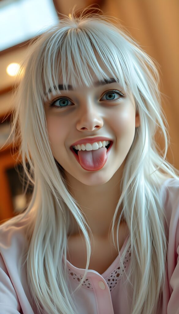 A beautiful teenage girl with sleek, straight white hair and bangs, her long, soft hair flowing slightly messily. She sticks out her little tongue in a playful, cute pose, looking up with a warm, inviting smile against a backdrop of a wide open mouth showcasing white teeth. Her features are clear and detailed with a hyperrealistic texture, enhanced by a high-quality, HDR-optimized aesthetic. The lighting is soft and natural, with a warm color palette, creating a dreamy, inviting atmosphere. The girl is wearing a light pink, flowing plain shirt with delicate lace details, and her eyes sparkle with a hint of mischief. The composition is dynamic, capturing her from a low angle, emphasizing her youthful energy and playful spirit.
