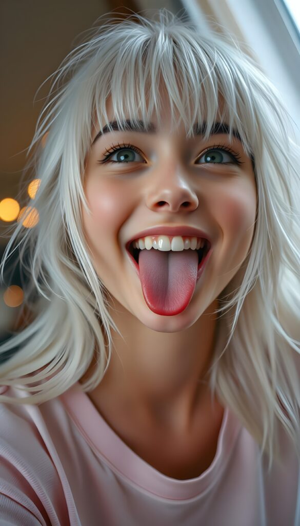 A beautiful teenage girl with sleek, straight white hair and bangs, her long, soft hair flowing slightly messily. She sticks out her little tongue in a playful, cute pose, looking up with a warm, inviting smile against a backdrop of a wide open mouth showcasing white teeth. Her features are clear and detailed with a hyperrealistic texture, enhanced by a high-quality, HDR-optimized aesthetic. The lighting is soft and natural, with a warm color palette, creating a dreamy, inviting atmosphere. The girl is wearing a light pink, flowing t-shirt and her eyes sparkle with a hint of mischief. The composition is dynamic, capturing her from a low angle, emphasizing her youthful energy and playful spirit.
