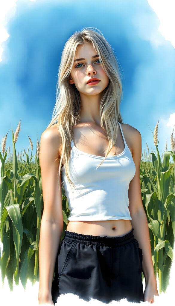 A beautiful teen girl stands in a cornfield. Blue sky in the background. She has long, platinum blond, wavy hair and is wearing a short tank top and a black, round skirt.