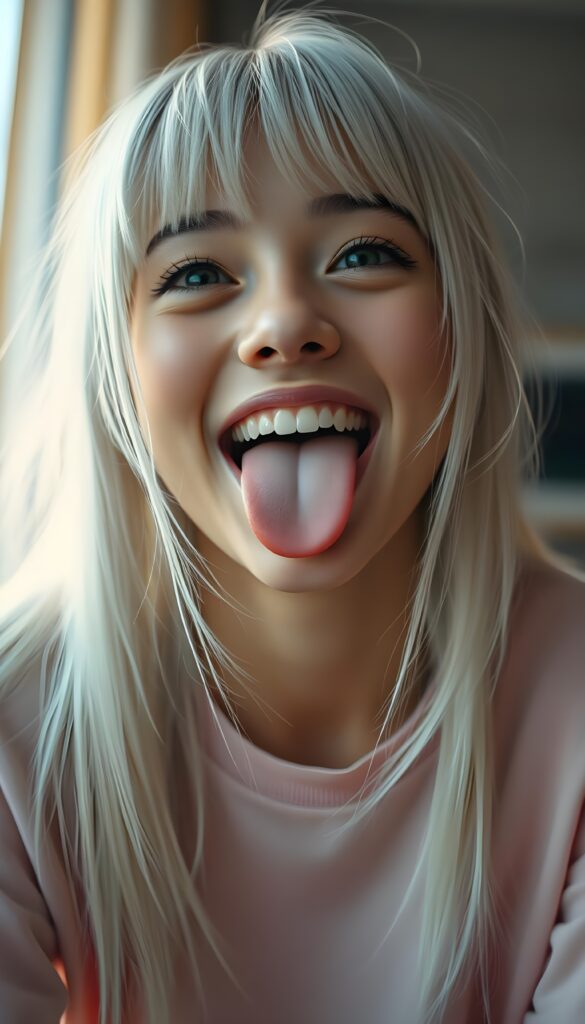 A beautiful teenage girl with sleek, straight white hair and bangs, her long, soft hair flowing slightly messily. She sticks out her little tongue in a playful, cute pose, looking up with a warm, inviting smile against a backdrop of a wide open mouth showcasing white teeth. Her features are clear and detailed with a hyperrealistic texture, enhanced by a high-quality, HDR-optimized aesthetic. The lighting is soft and natural, with a warm color palette, creating a dreamy, inviting atmosphere. The girl is wearing a light pink, flowing t-shirt and her eyes sparkle with a hint of mischief. The composition is dynamic, capturing her from a low angle, emphasizing her youthful energy and playful spirit.