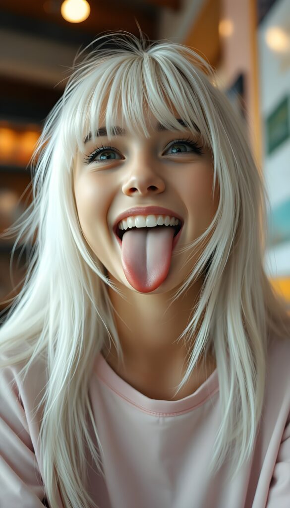 A beautiful teenage girl with sleek, straight white hair and bangs, her long, soft hair flowing slightly messily. She sticks out her little tongue in a playful, cute pose, looking up with a warm, inviting smile against a backdrop of a wide open mouth showcasing white teeth. Her features are clear and detailed with a hyperrealistic texture, enhanced by a high-quality, HDR-optimized aesthetic. The lighting is soft and natural, with a warm color palette, creating a dreamy, inviting atmosphere. The girl is wearing a light pink, flowing t-shirt and her eyes sparkle with a hint of mischief. The composition is dynamic, capturing her from a low angle, emphasizing her youthful energy and playful spirit.